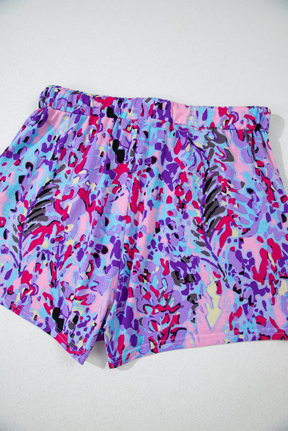 Floral Long Sleeve Top And Drawstring Shorts Set | Purple