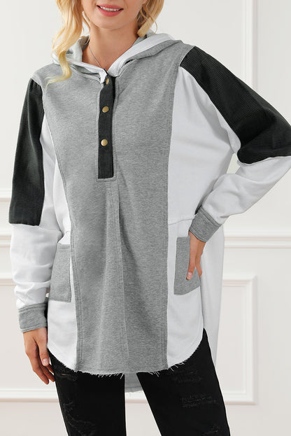 Colour Block Exposed Seam Buttoned Neckline Hoodie | Gray