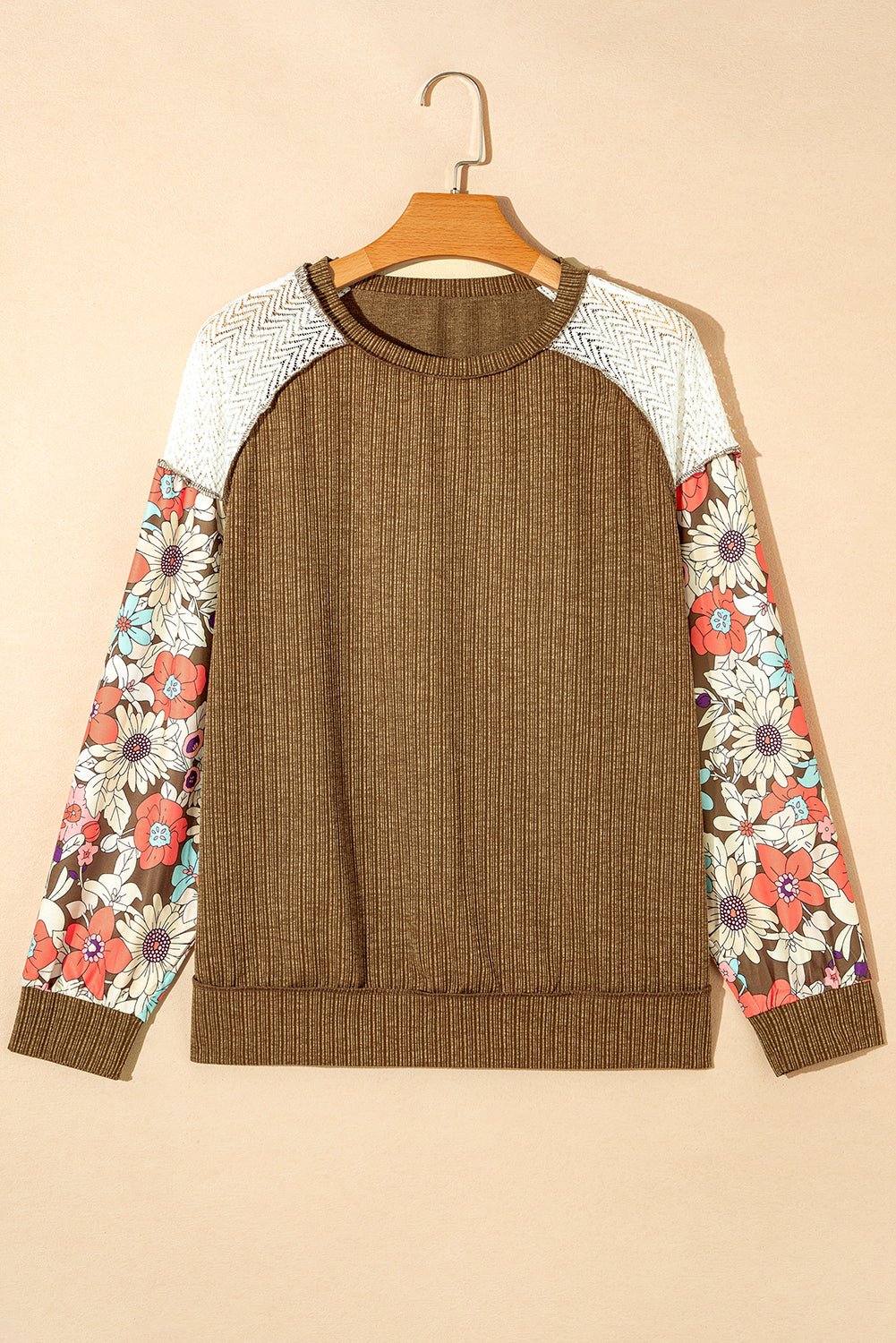 Floral Patchwork Puff Sleeve Textured Blouse | Brown