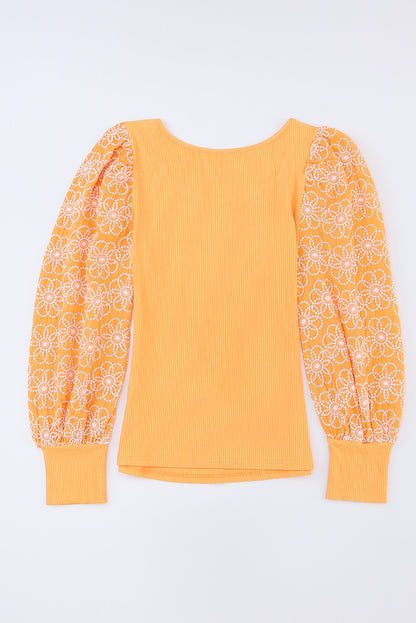 Flower Puff Sleeve Ribbed Knit Top | Yellow