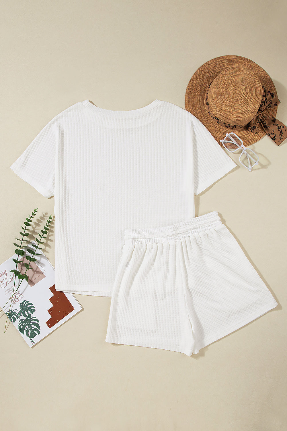 Casual Textured Tee And Drawstring Shorts Set | White