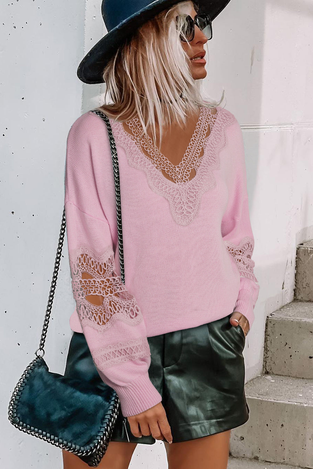 Hollowed Lace Splicing V Neck Loose Sweater | Pink