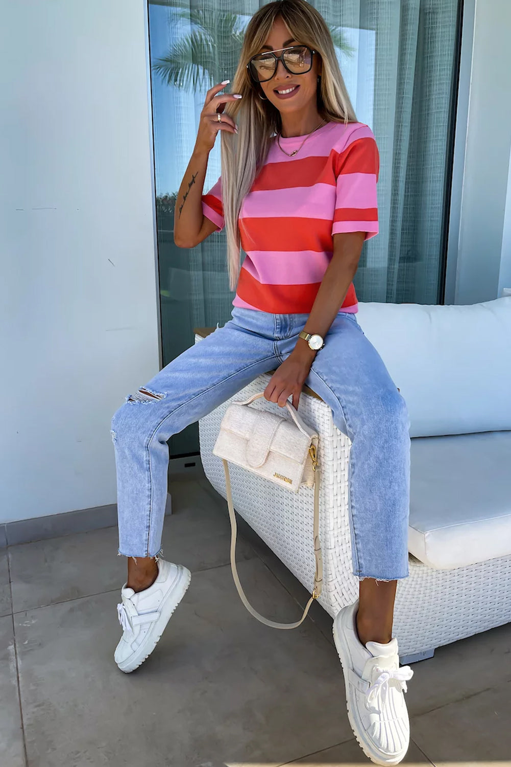 Colourblock Striped Knitted T Shirt | Bright Pink