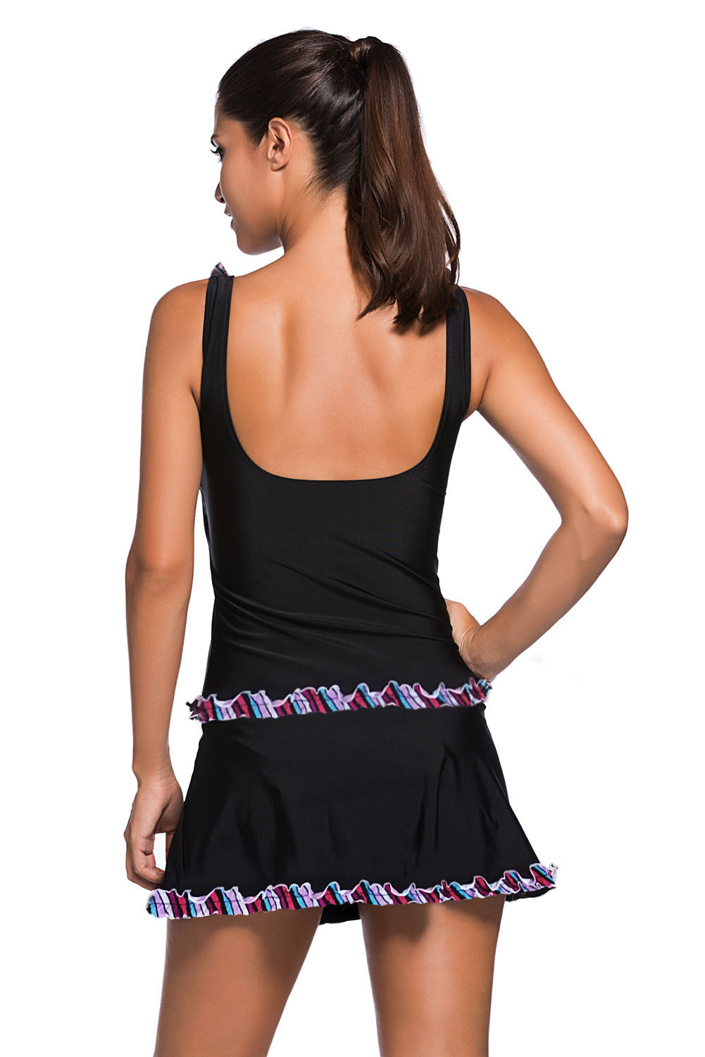 Ruffle Trim Active Tank Top And Skort Swimsuit | Black