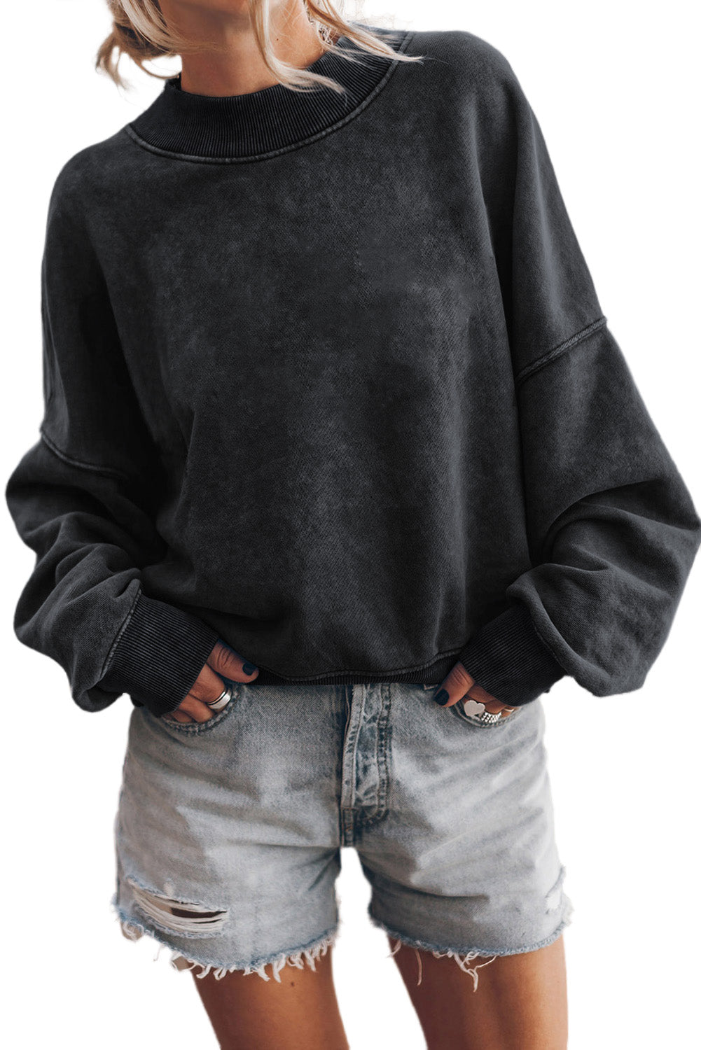 Drop Shoulder Crew Neck Pullover Sweatshirt | Black