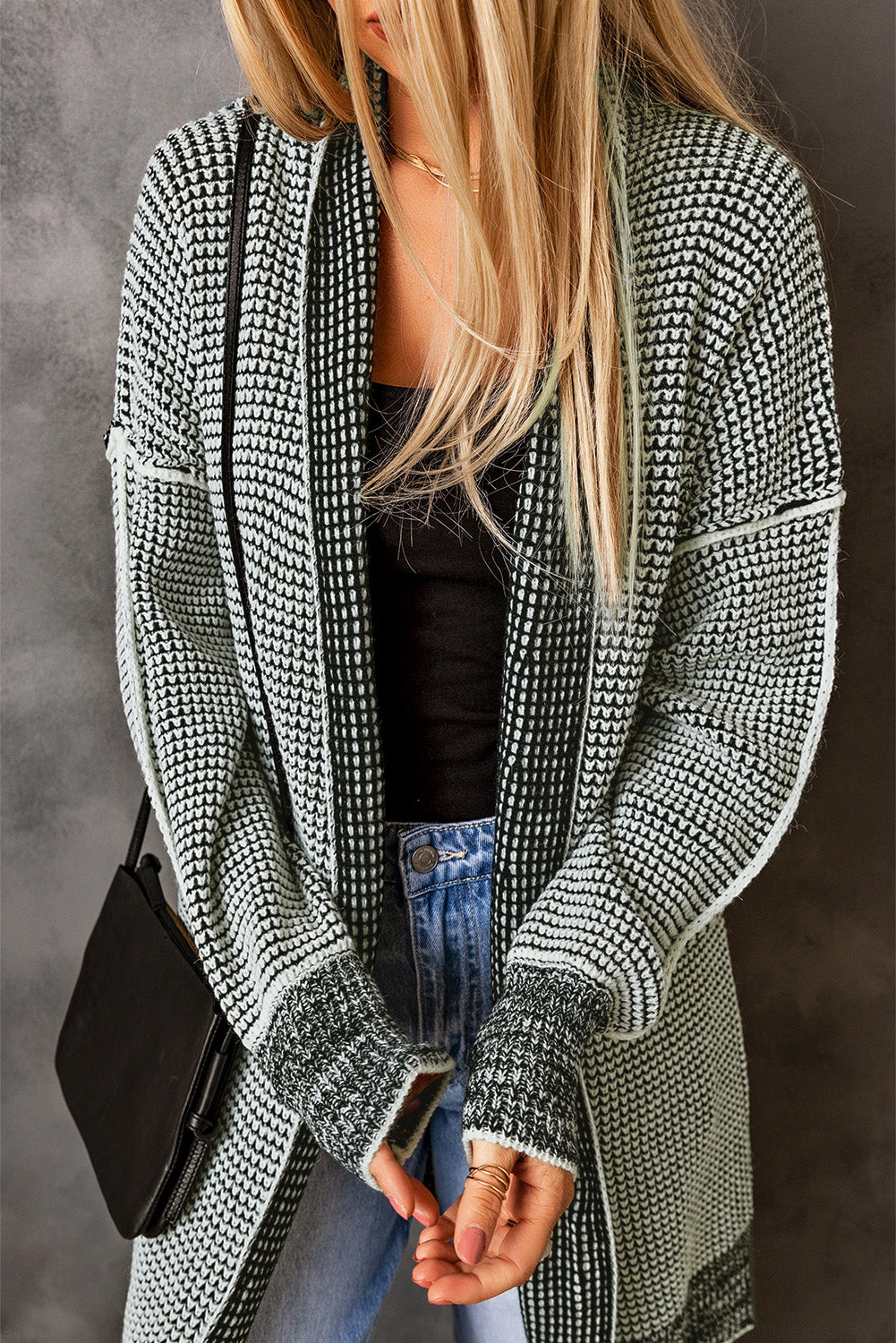 Plaid Knitted Long Open Front Cardigan | Gray