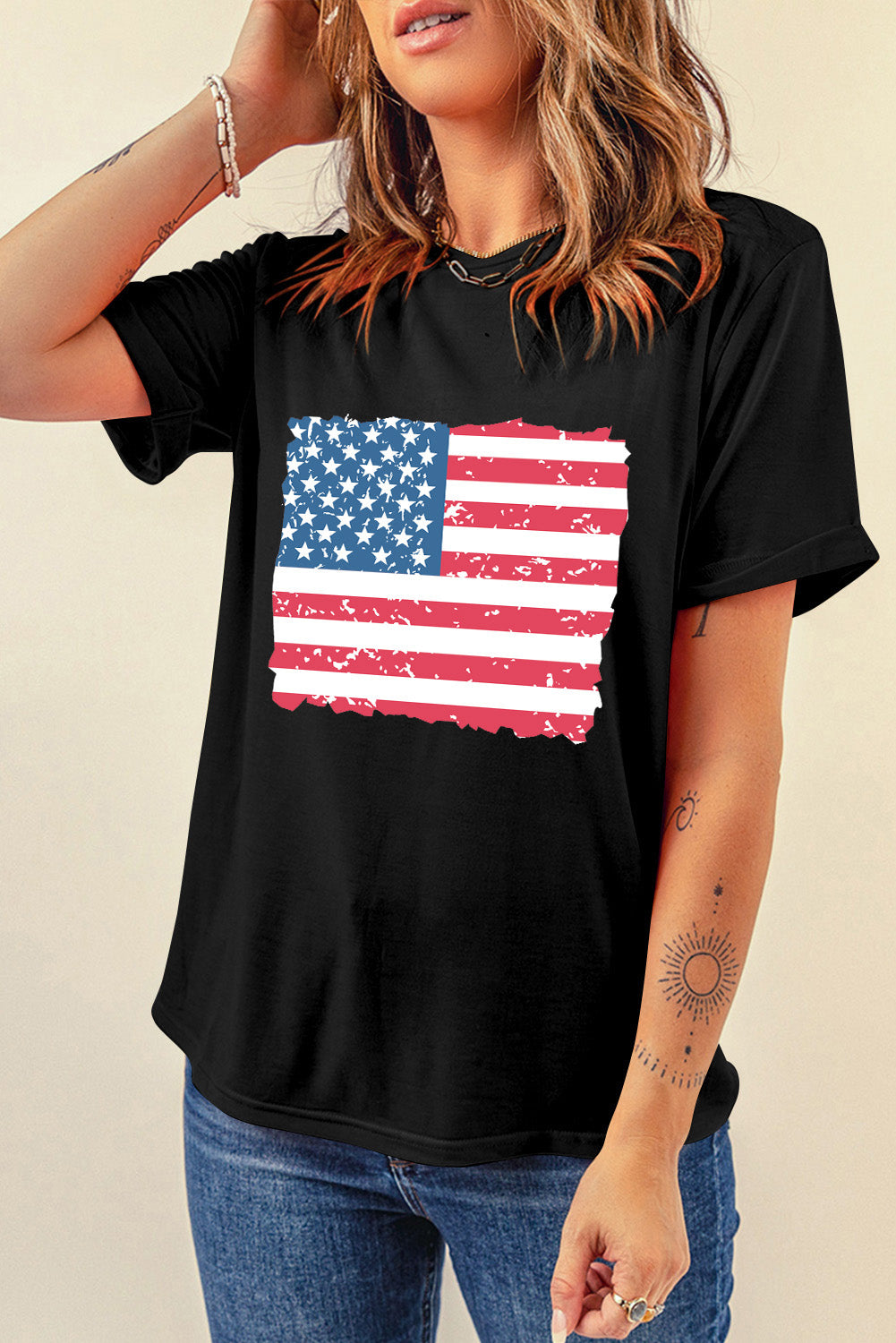 Frayed American Flag Printed Crewneck T Shirt | Black