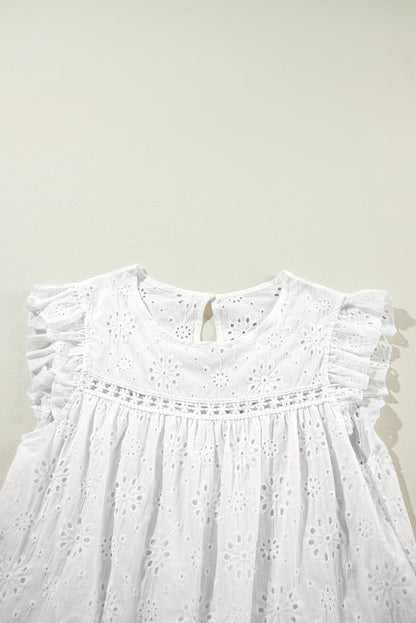 Eyelet Embroidered Ruffled Flutter Sleeve Blouse | White