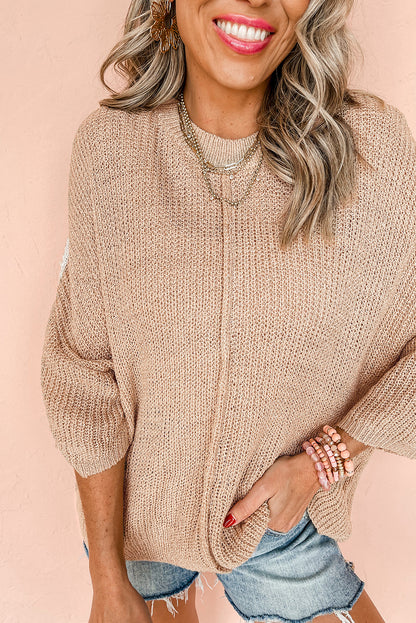 Contrast Striped 3/4 Sleeve Crew Neck Sweater | Light French Beige