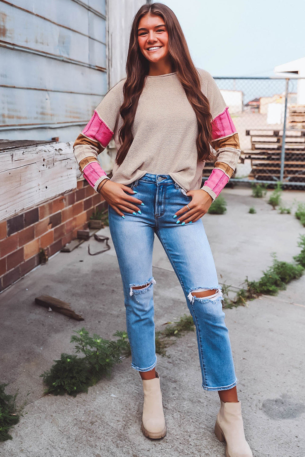 Colourblock Exposed Seam Round Neck Sweater | Simply Taupe