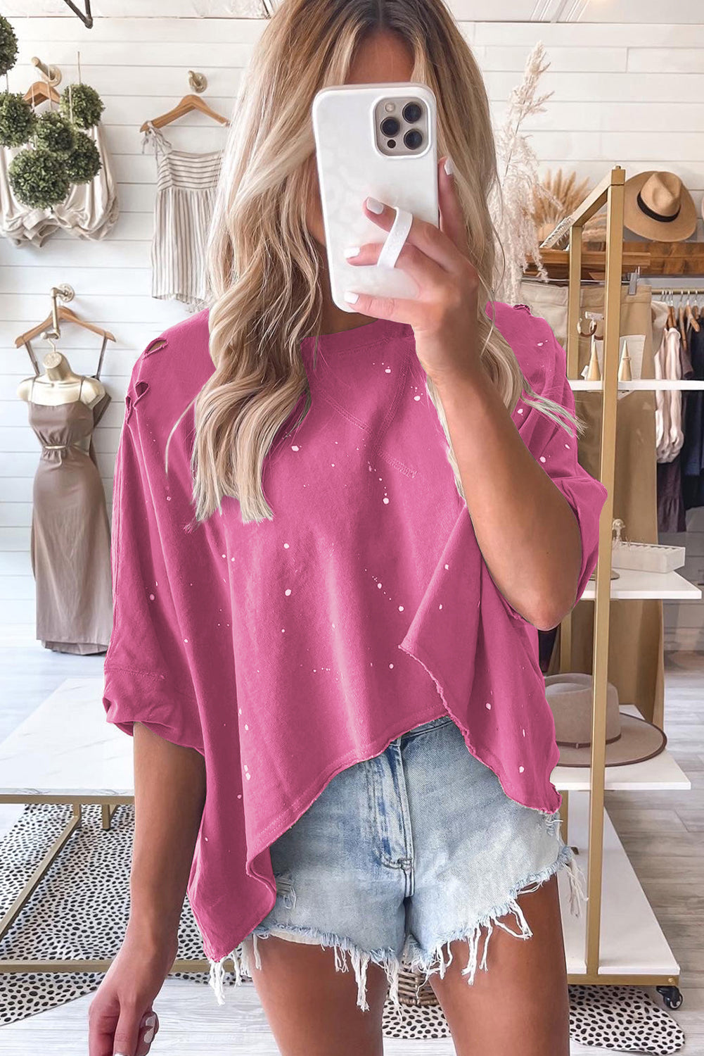 Distressed Bleached Asymmetric Hem Short Sleeve Top | Pink