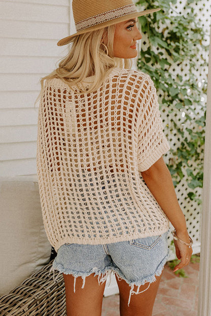 Fishnet Knit Ribbed Round Neck Short Sleeve Sweater Tee | Apricot