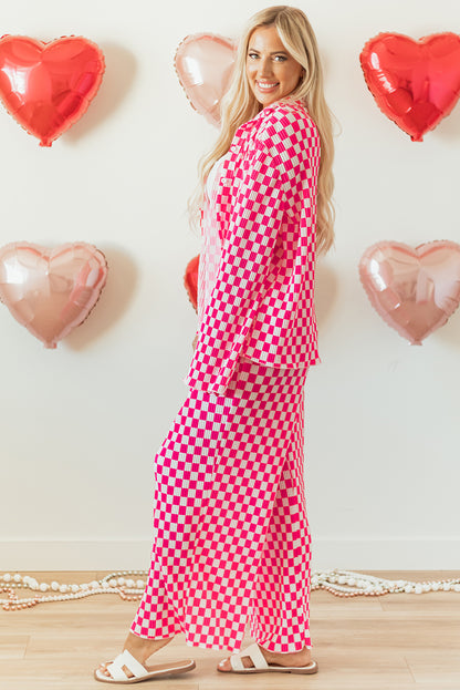 Checkered Buttoned Shirt And High Waist Pants Pajama Set | Pink