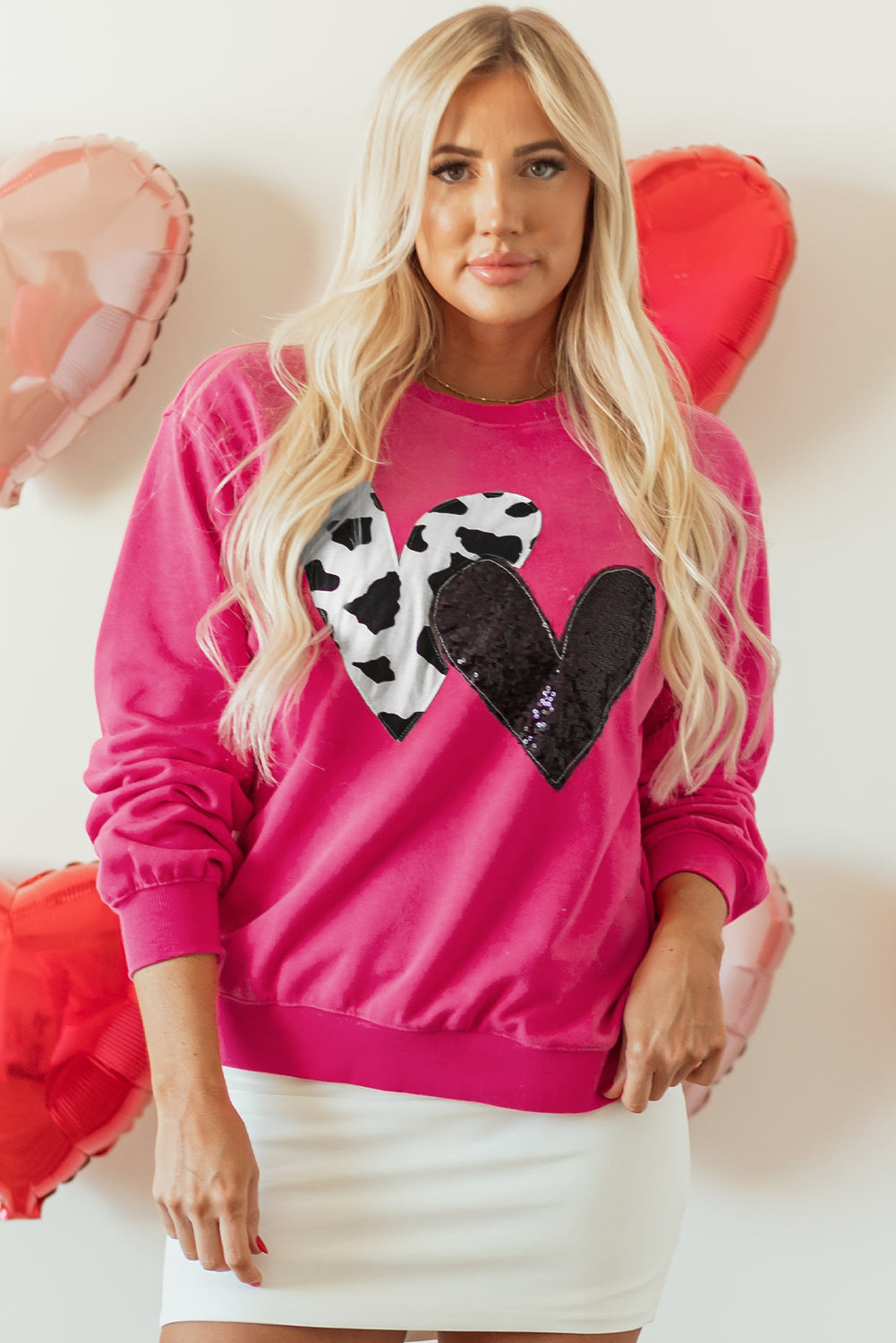 Cow & Sequin Double Heart Patch Graphic Sweatshirt | Strawberry Pink