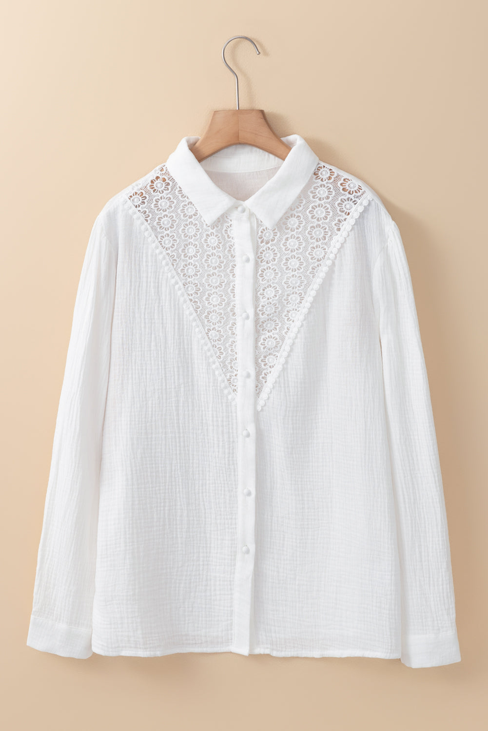 Floral Lace Hollow-Out Splicing Crinkled Shirt | White