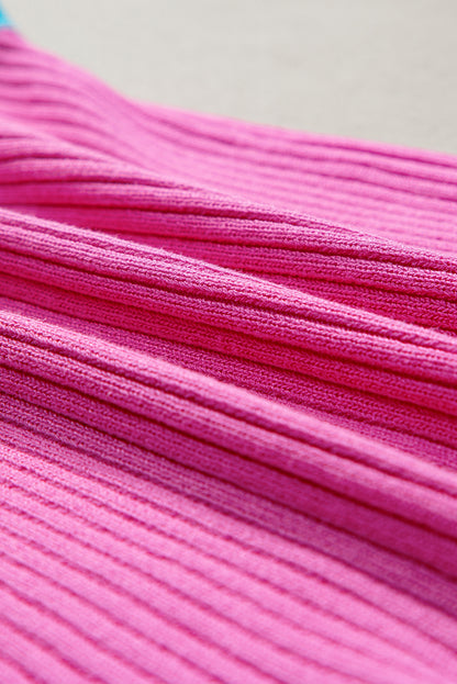 Colourblock Edge Ribbed Knit U Neck Tank Top | Bright Pink