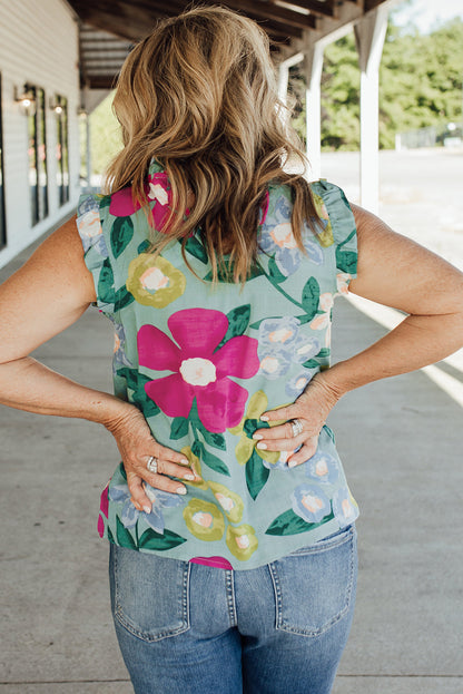 Floral Print Ruffle Trim Tank Top | Green