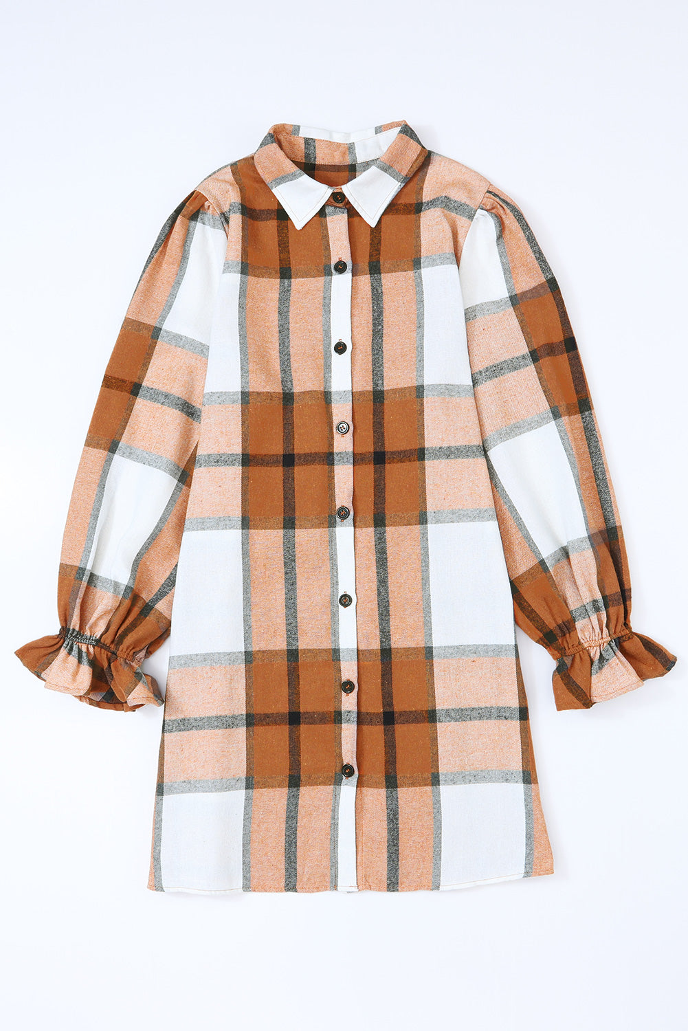 Plaid Pattern Collared Neck Ruffled Sleeve Shirt Dress | Khaki