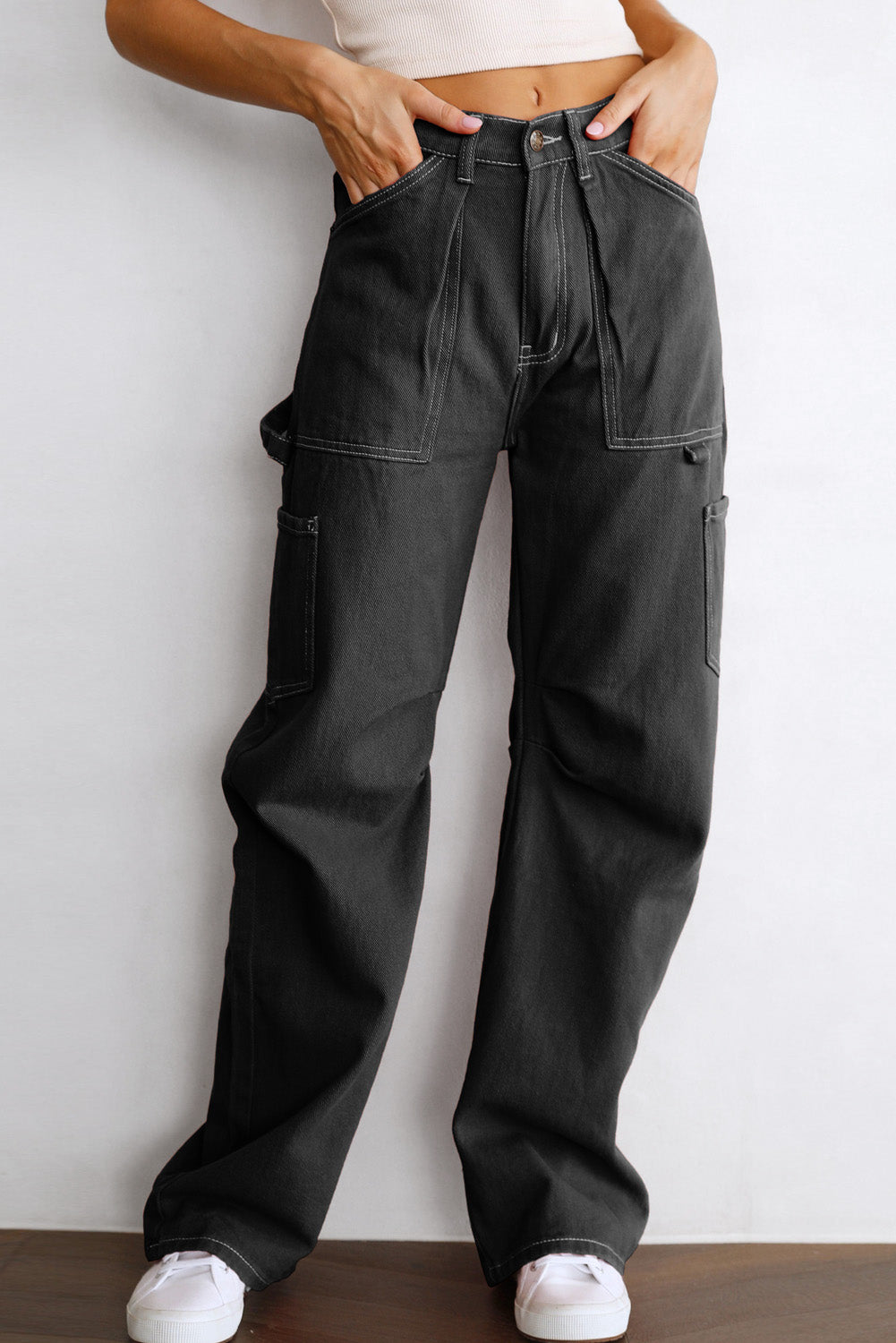 High Waist Straight Leg Cargo Pants With Pockets | Black