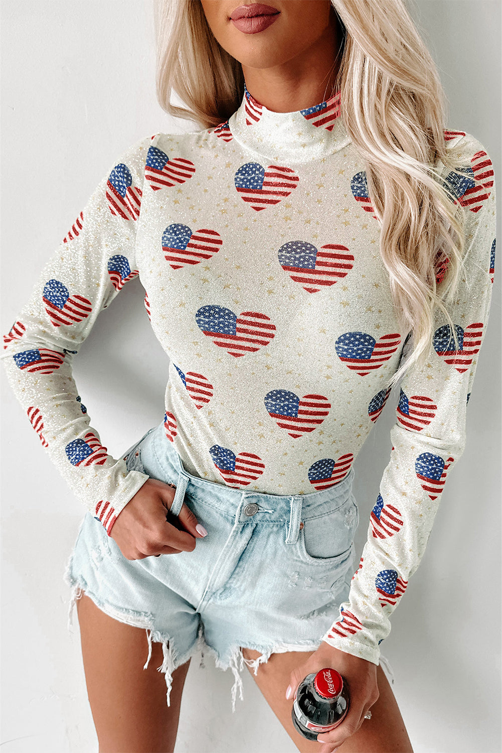 White Americana Glitter Mesh Long Sleeve Bodysuit