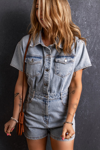 Vintage Washed Buttons Pocketed Denim Romper | Light Blue