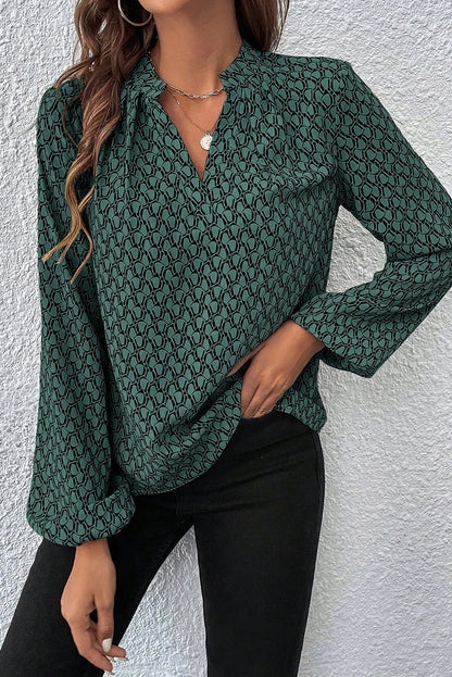 Geometric Print Notched Neck Puff Sleeve Blouse | Green