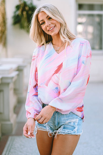 Abstract Print Balloon Sleeve V-Neck Blouse | Pink