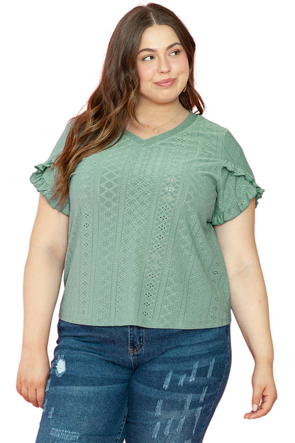 Petal Sleeve Jacquard V Neck Curvy Blouse | Laurel Green