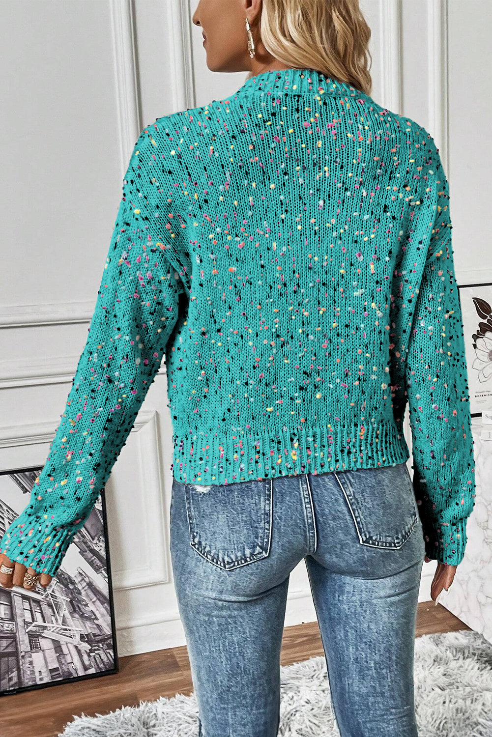 Rhinestone Decor Multicolour Confetti Sweater Cardigan | Aruba Blue