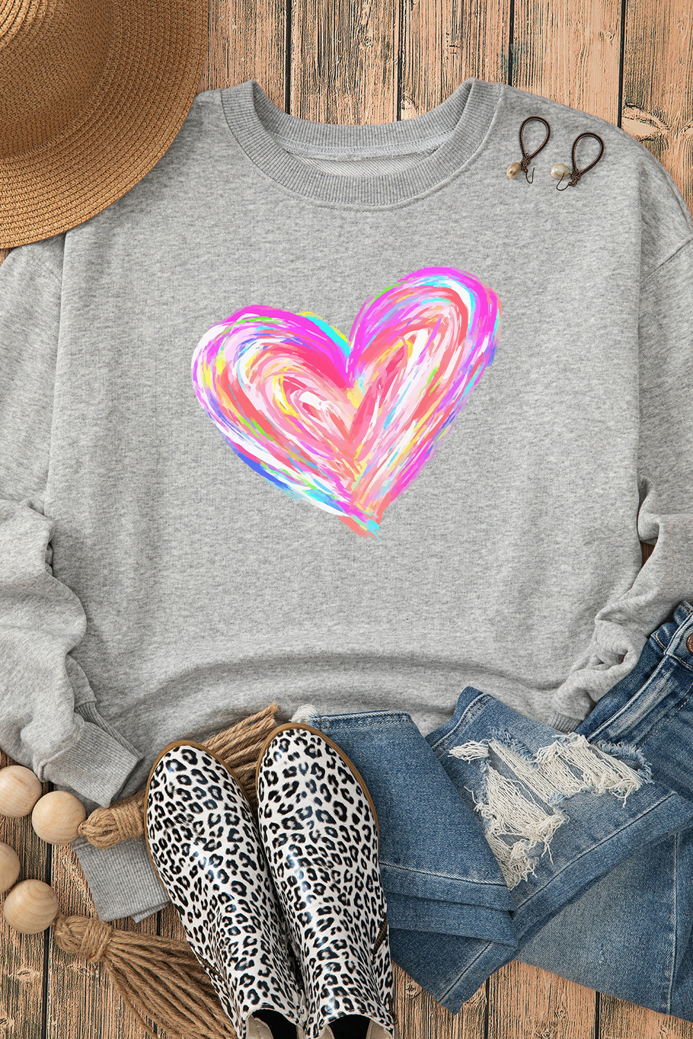 Valentines Brushwork Heart Graphic Drop Shoulder Sweatshirt | Gray