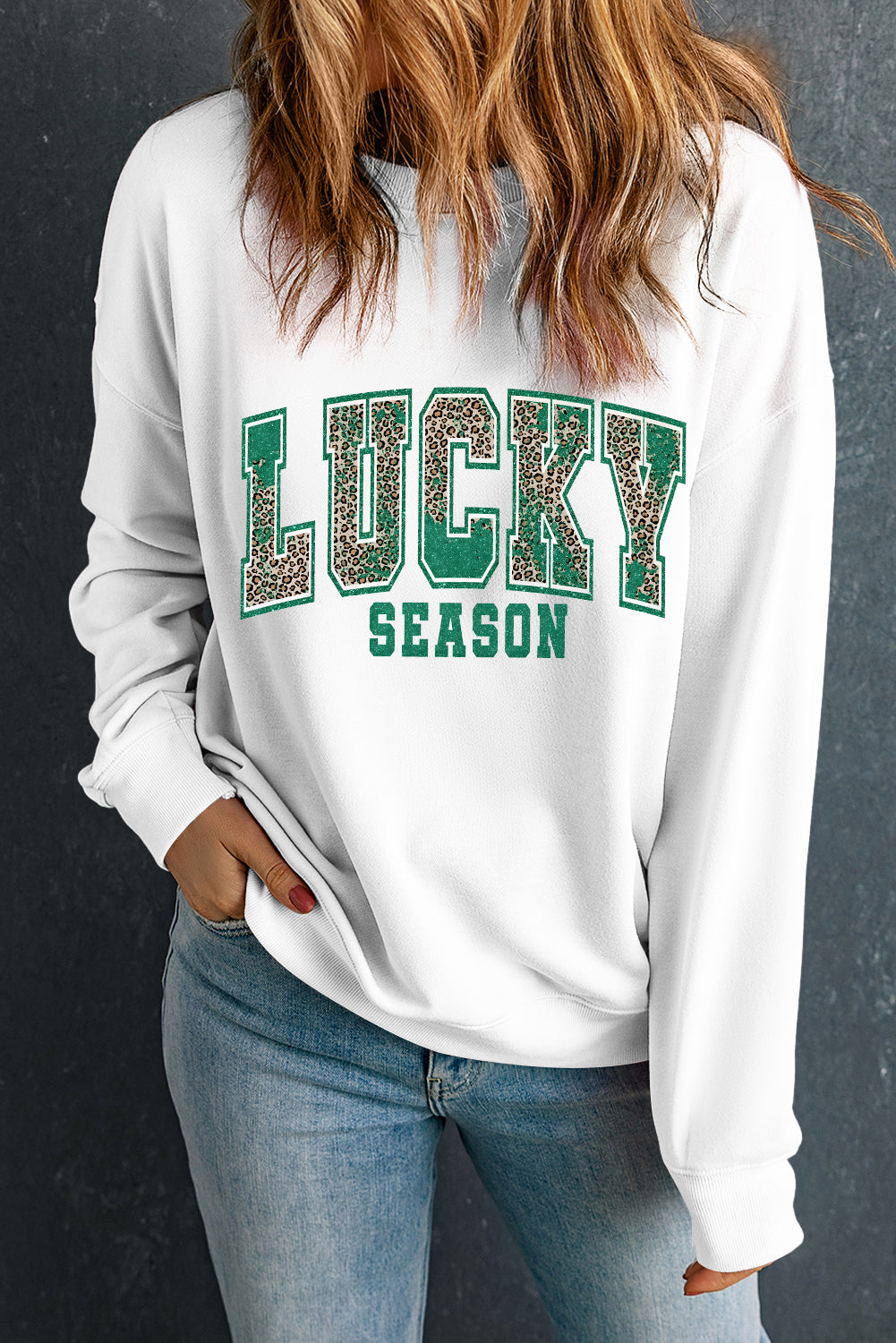 Leopard Lucky Season Printed St Patricks Pullover Sweatshirt | White