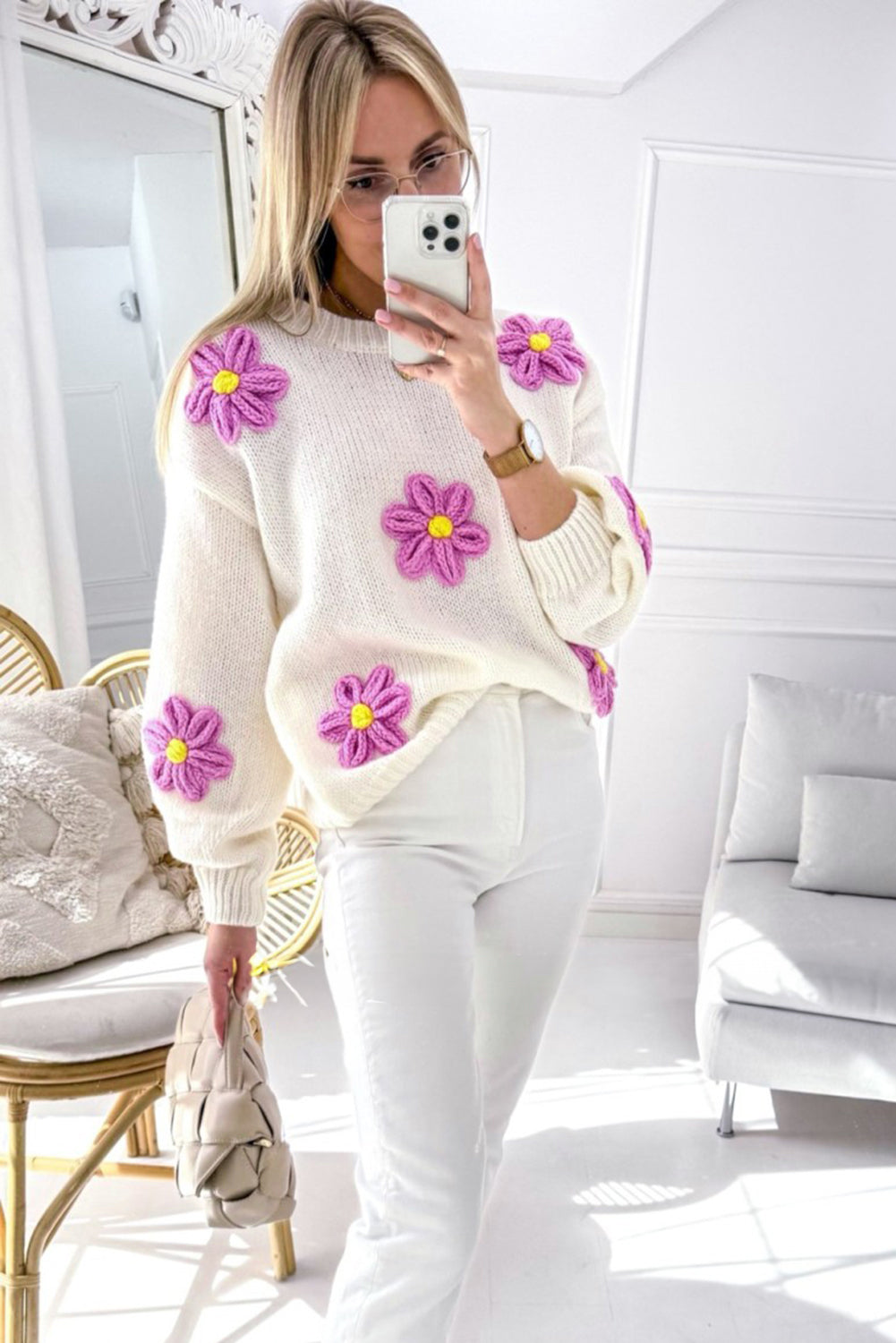 Floral Crochet Chunky Knit Sweater | White