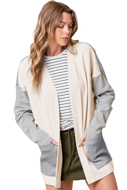 Colourblock Patchwork Open Front Cardigan With Pocket | Black Stripe