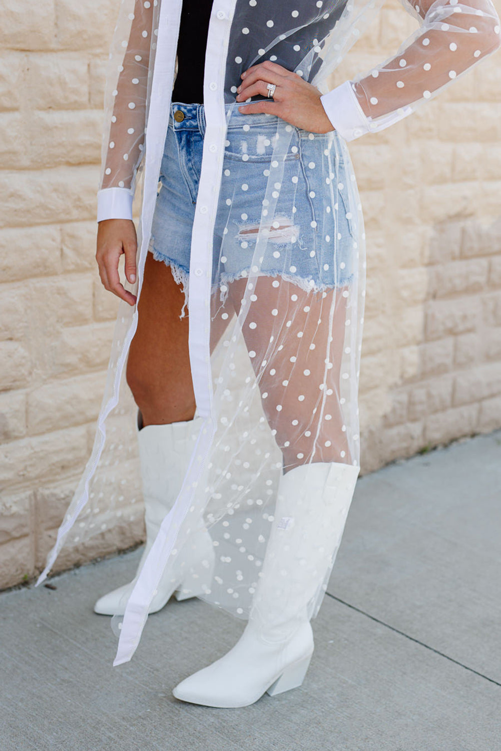 Polka Dot Print Collared Buttoned Mesh Duster Kimono | White