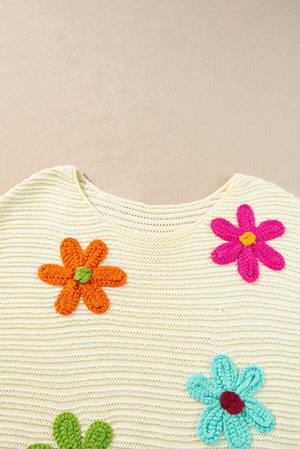 Flower Crochet Round Neck Knitted Top | White