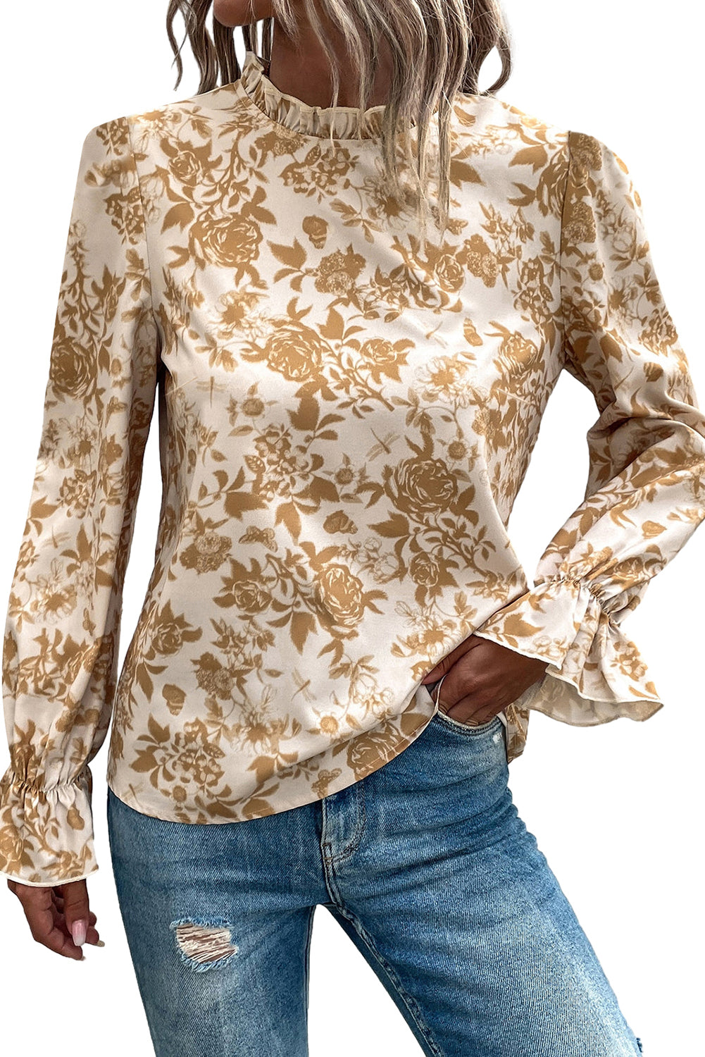 Floral Print Frilled Neckline Flounce Sleeve Blouse | White