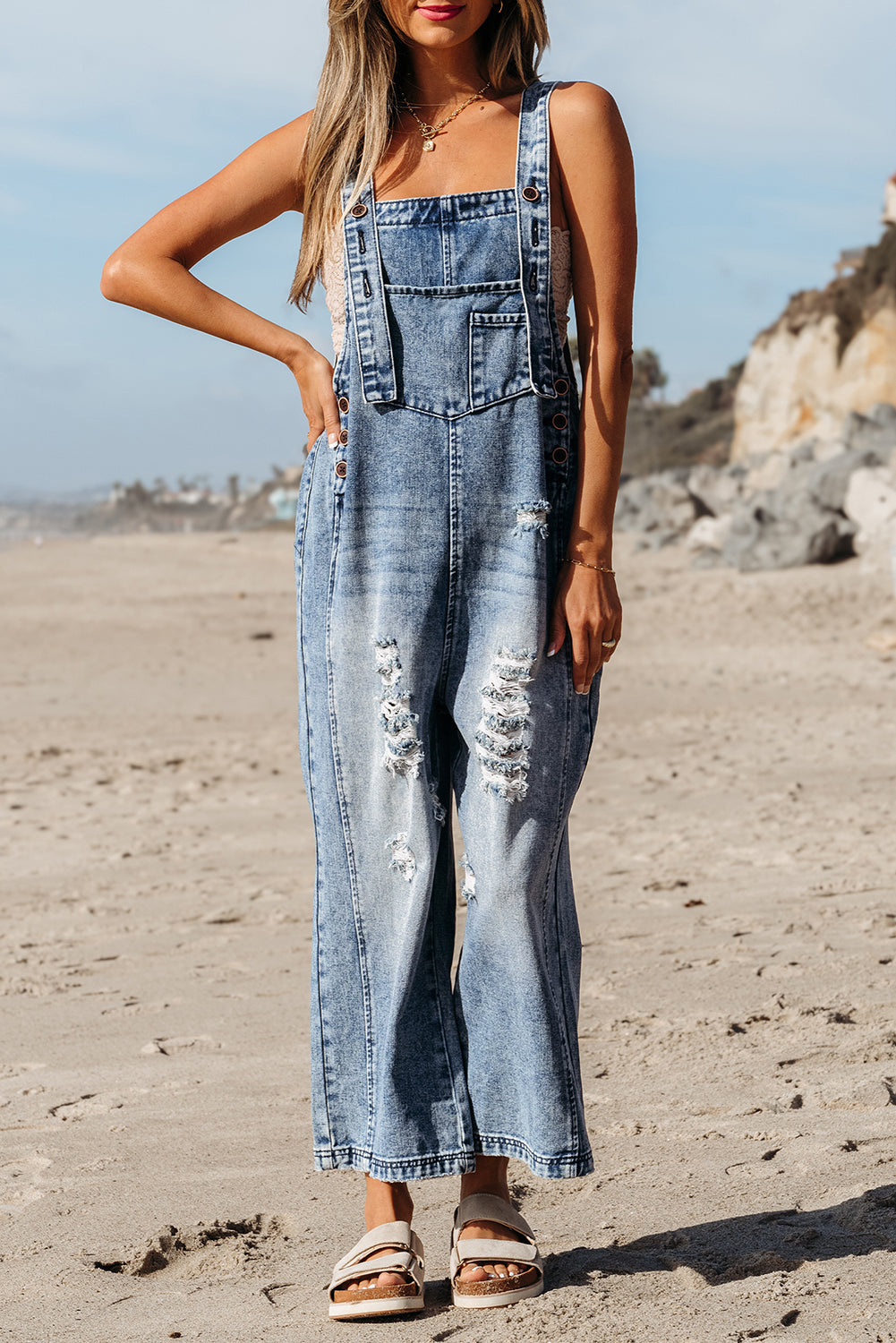 Distressed Bib Pocket Wide Leg Denim Overall | Stone Blue