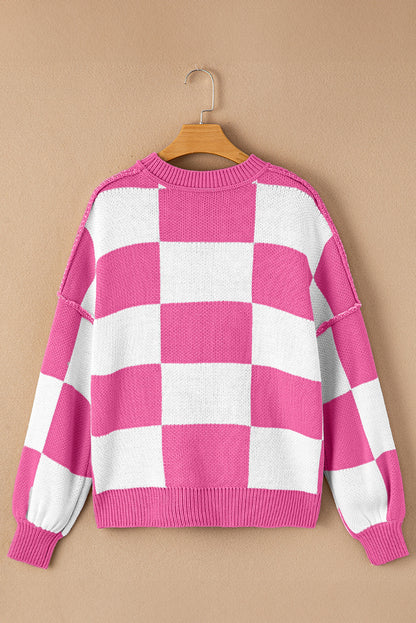 Checkered Bishop Sleeve Sweater | Rose