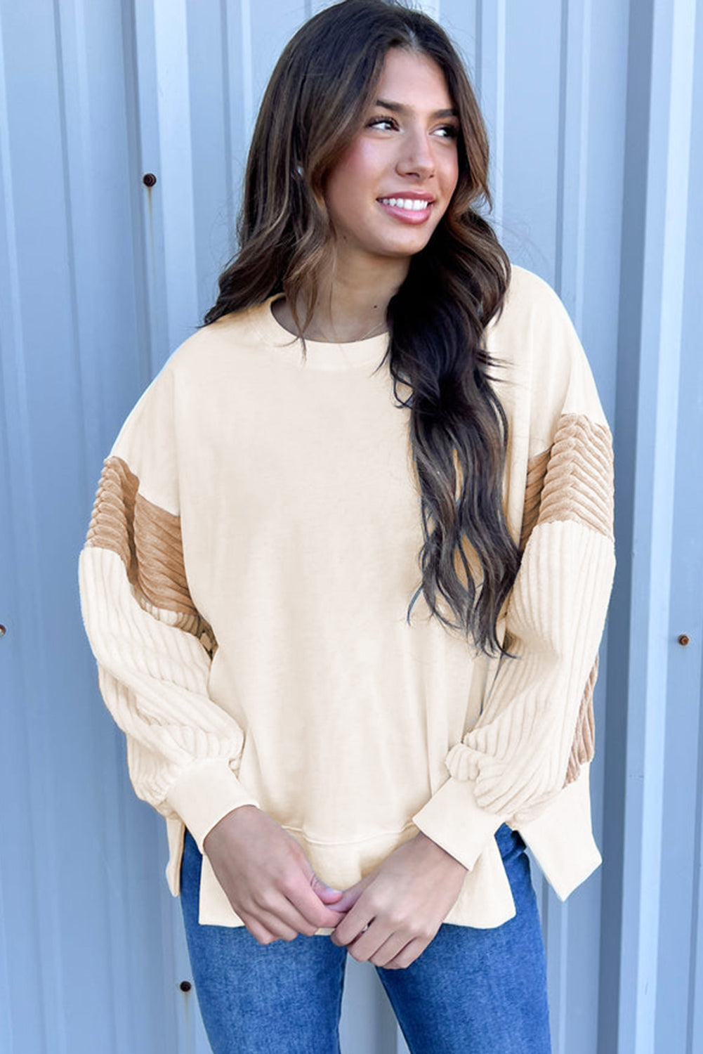 Corduroy Patchwork Drop Shoulder Long Sleeve Sweatshirt | Apricot