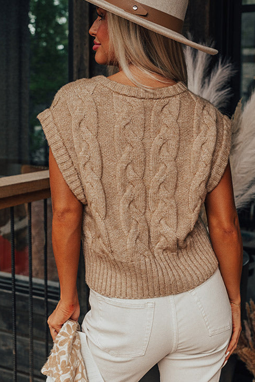 Cap Sleeve Cable Knit Sweater | Light French Beige