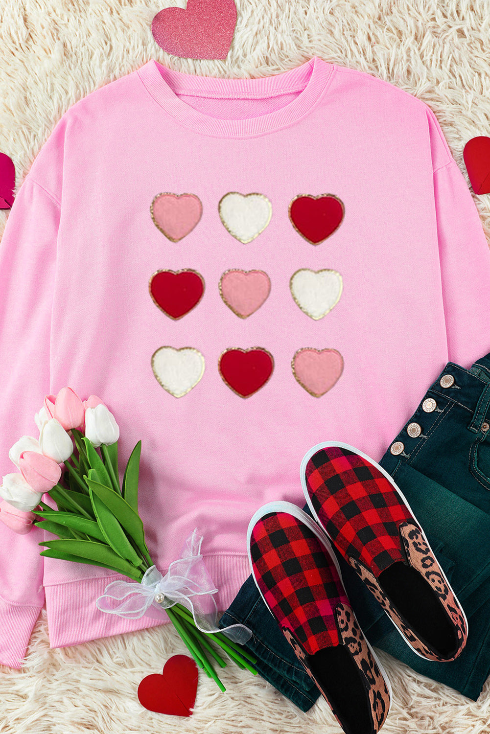 Glitter Chenille Heart Patch Valentines Sweatshirt | Pink