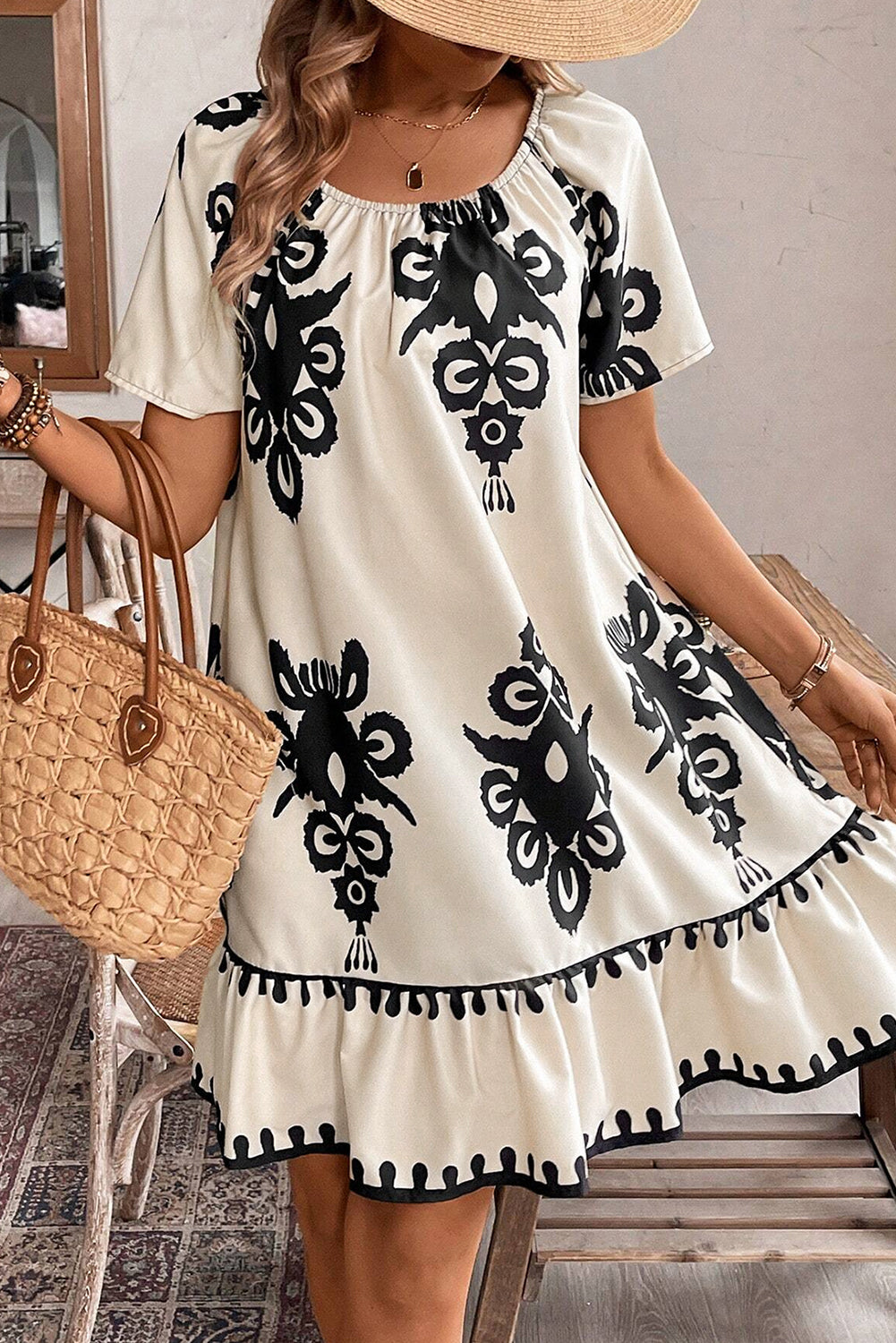 Western Print Ruffled Short Sleeve Loose Dress | Apricot