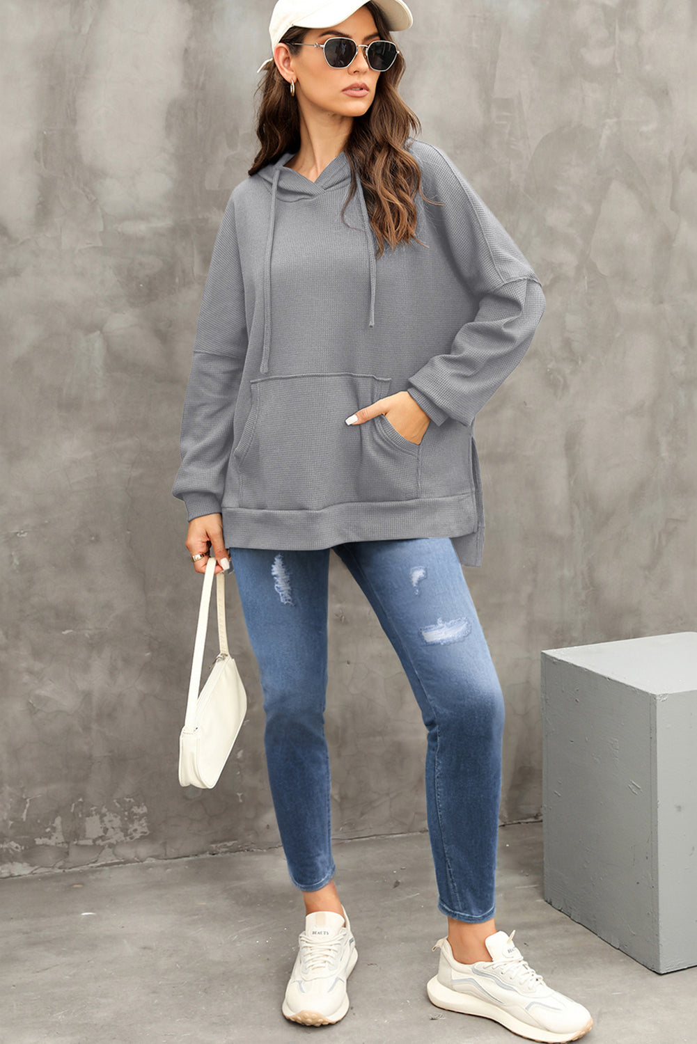 Waffle Knit Fleece Lined High Low Oversized Hoodie | Gray