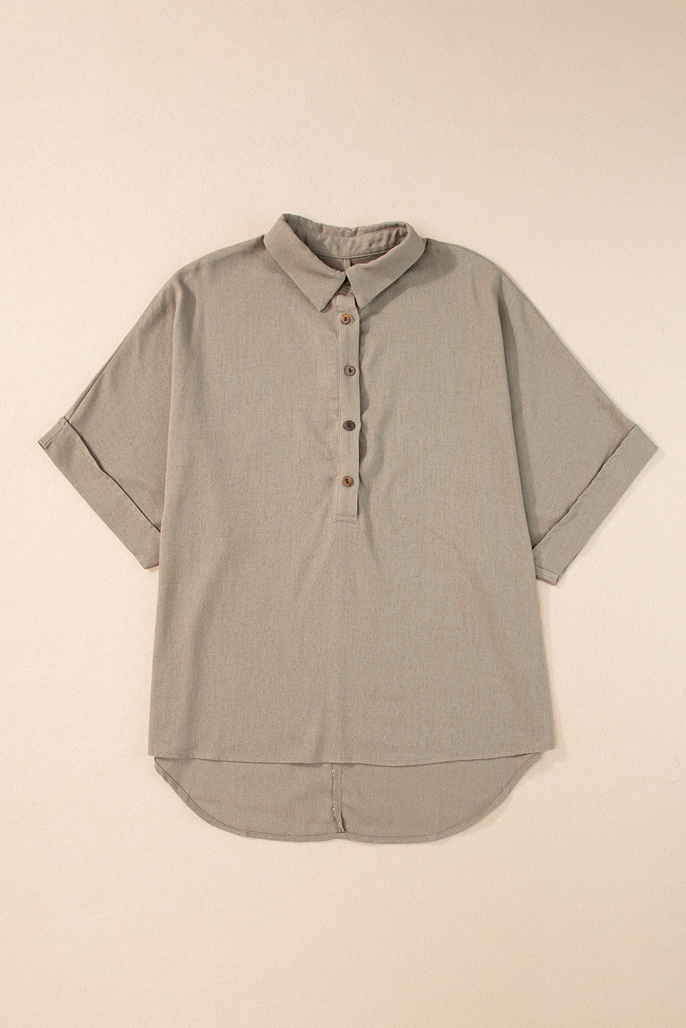 Collared Half Buttons Folded Short Sleeve Oversize Top | Simply Taupe