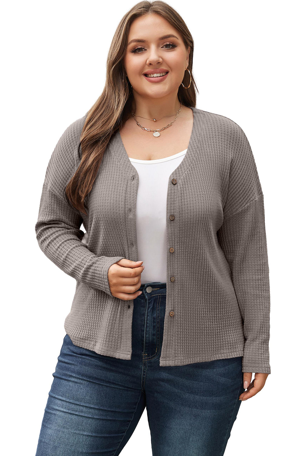 Waffle Knit Drop Shoulder Button V Neck Plus Size Top | Simply Taupe