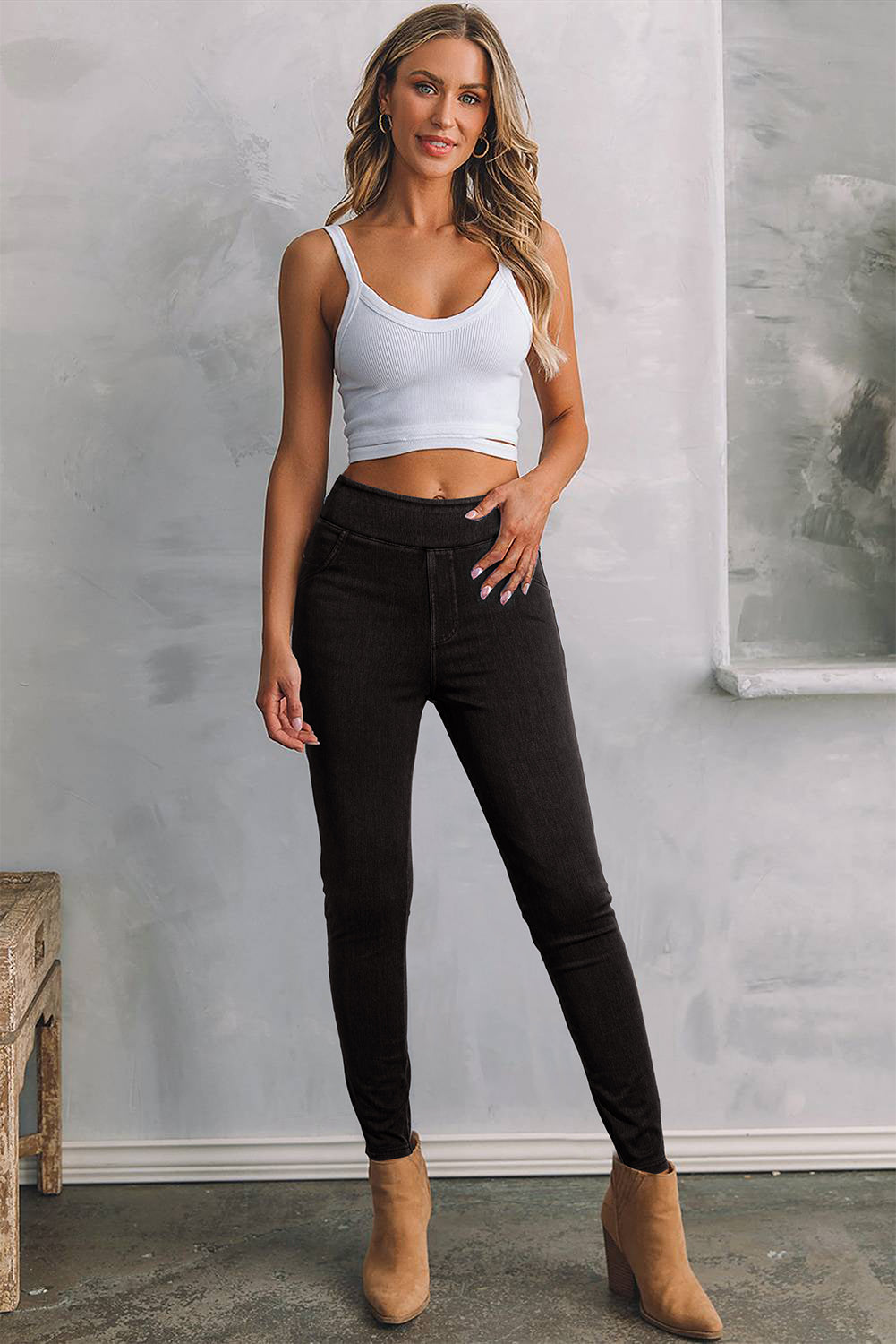 Solid Colour High Waist Stretchy Slim Fit Jeggings | Black