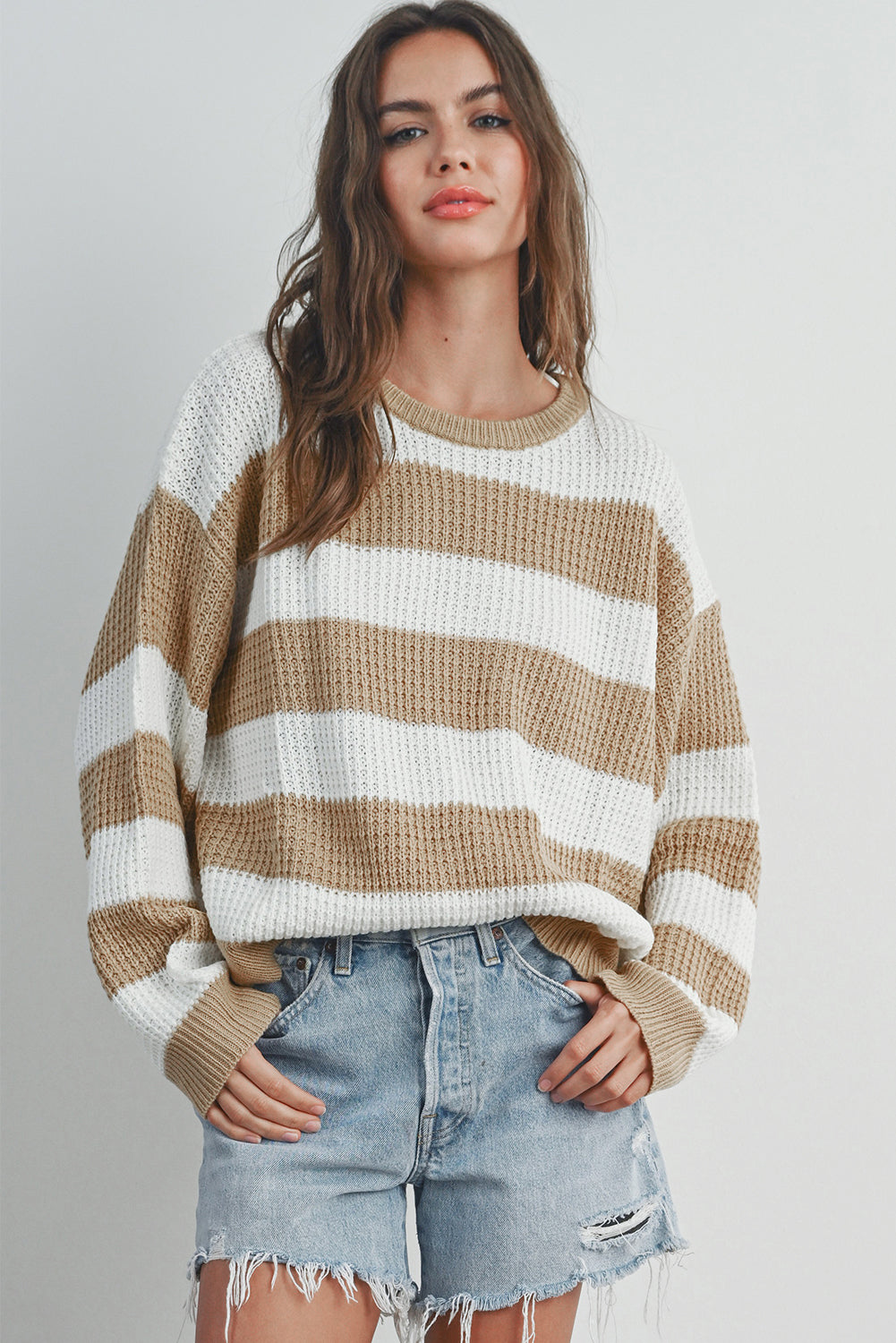 Colourblock Striped Drop Shoulder Side Slit Sweater | Light French Beige