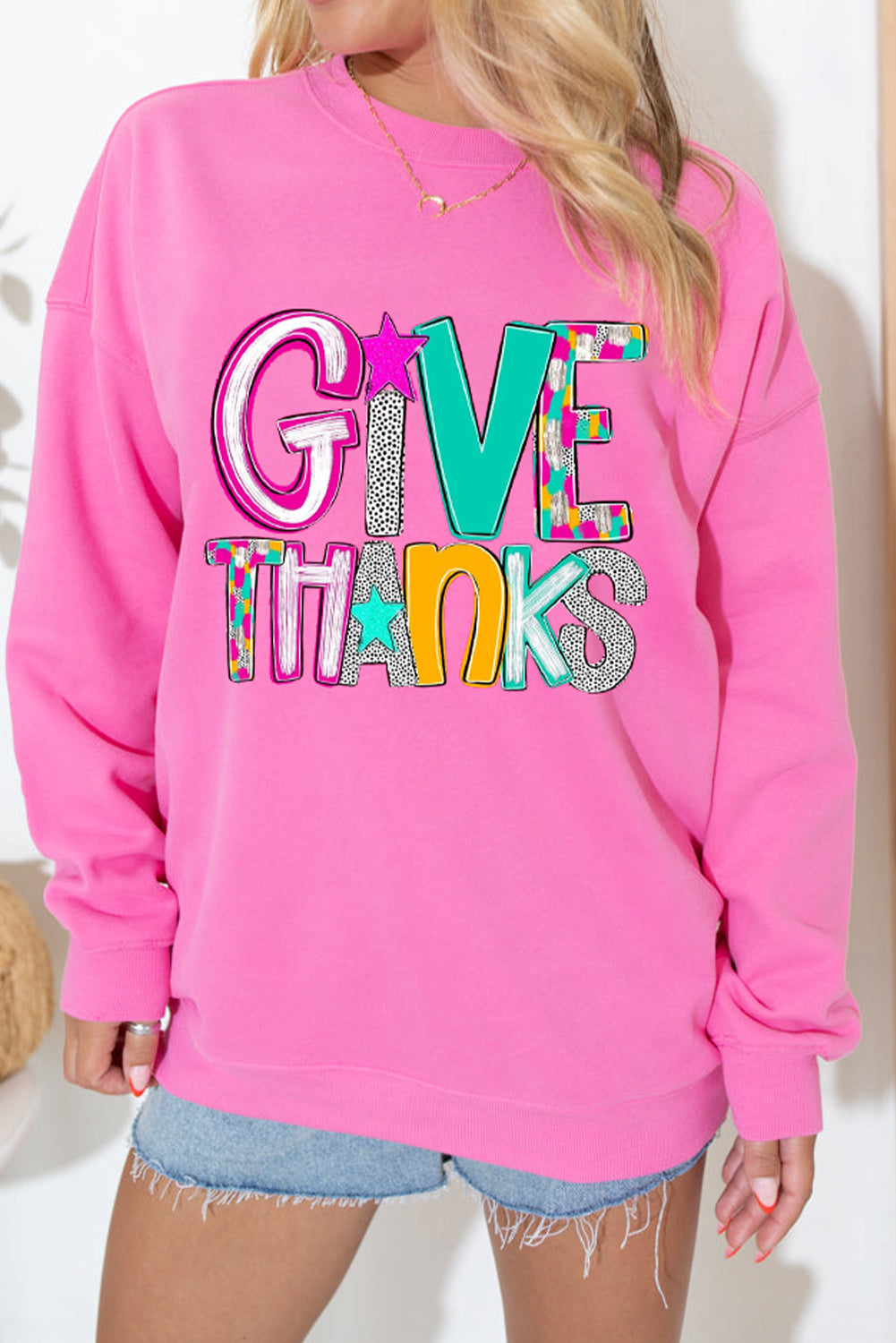 Give Thanks Graphic Drop Shoulder Thanksgiving Pullover Sweatshirt | Bonbon