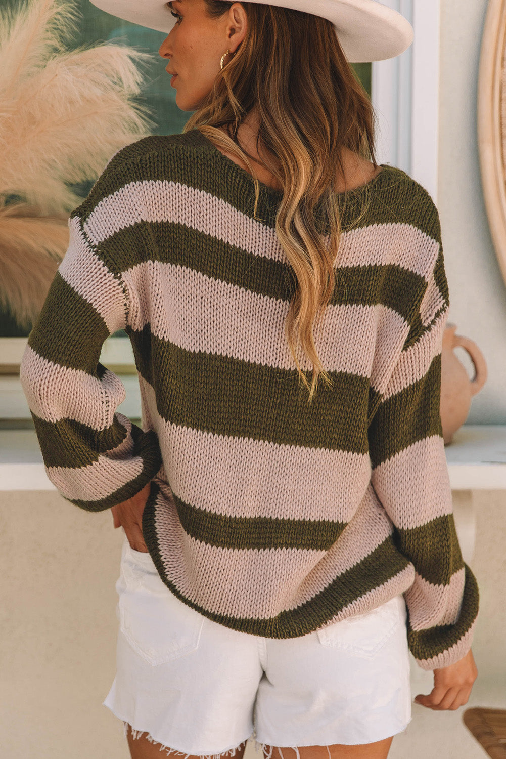 Striped Colourblock Knit V Neck Loose Fit Sweater | Green