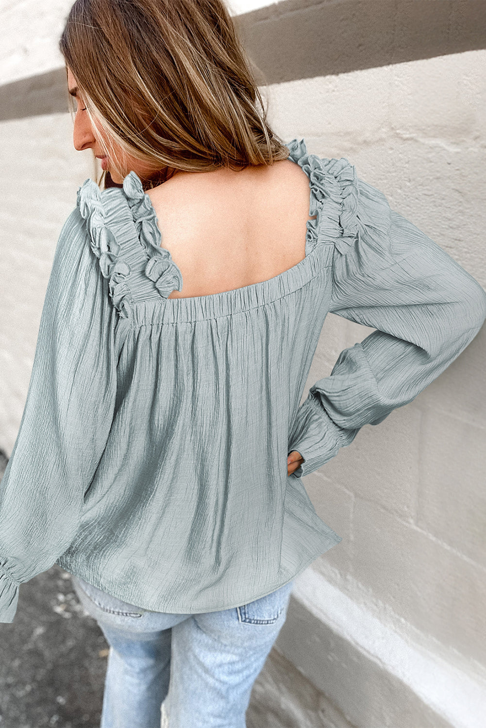 Ruffled Square Neck Cuffs Long Sleeve Blouse | Green